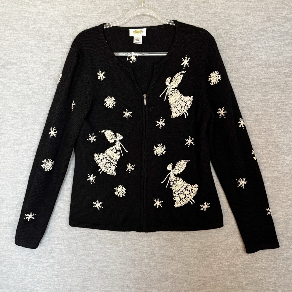 Womens Talbots Sz M Black White Zip Cardigan Sweater Fairy Snowflakes Lambswool